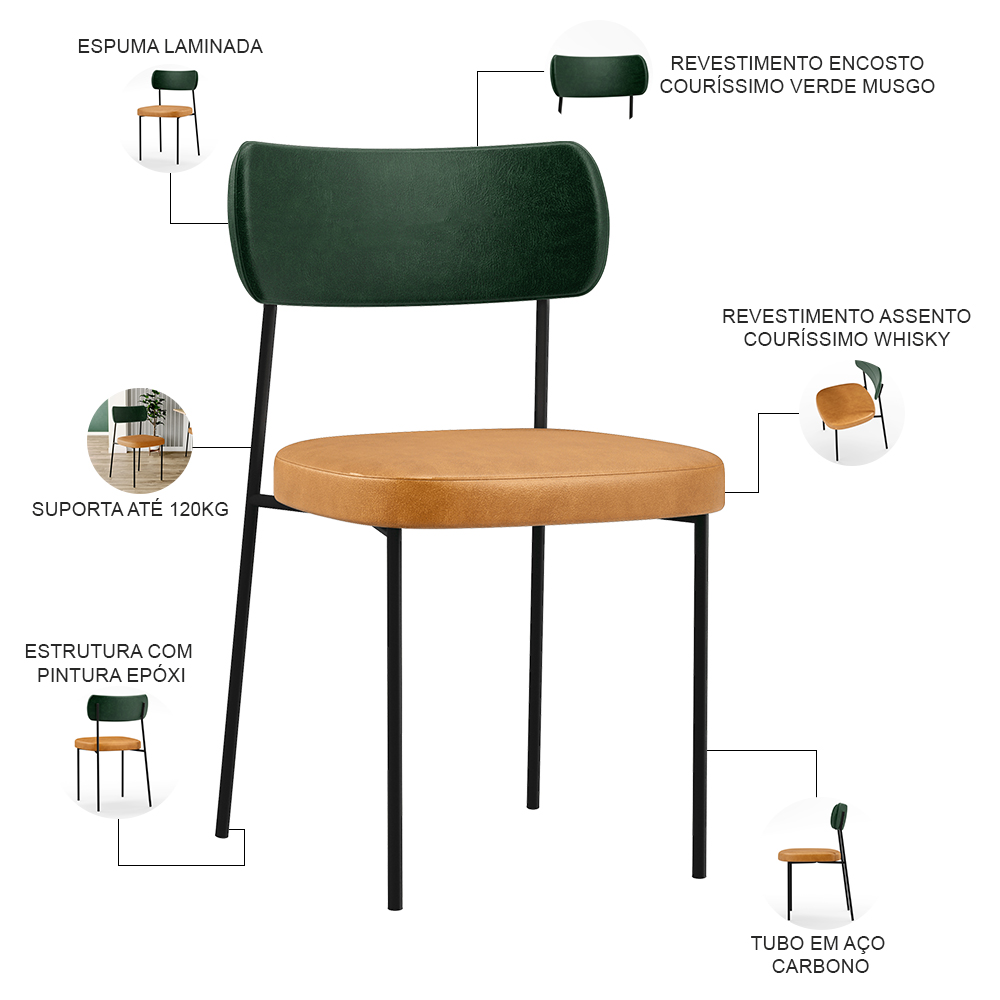 Kit 02 Cadeiras Para Sala De Jantar Melina L02 Couríssimo Verde Musgo Couríssimo Whisky - Lyam Decor