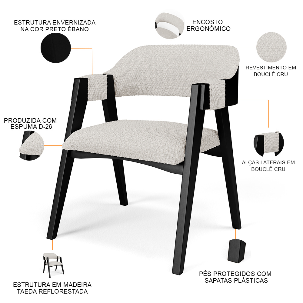 Kit 02 Cadeiras Para Sala de Jantar e Estar Living Estofada Suran L02 Preto Bouclê Cru - Lyam