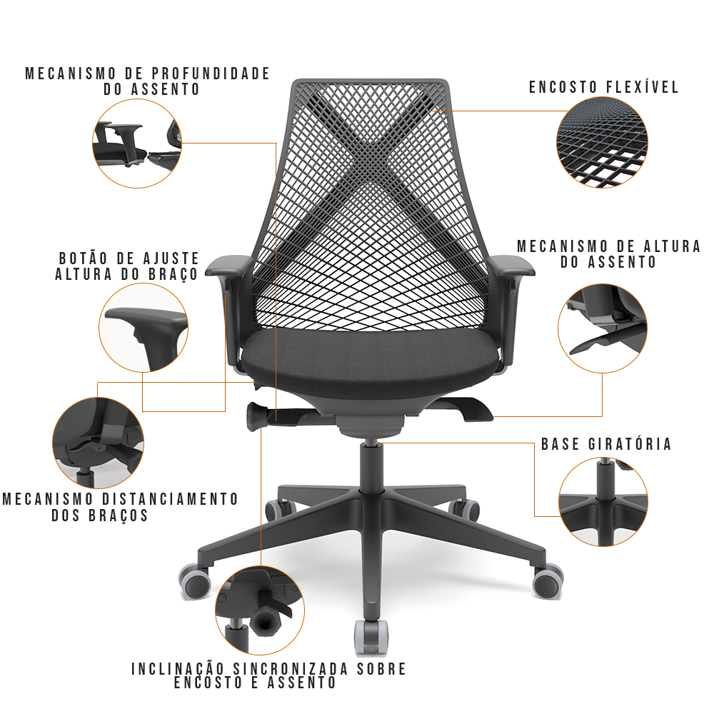 Kit 02 Cadeiras de Escritório Presidente Giratória Ergonômica Kron P03 Crepe Preto - Lyam Decor