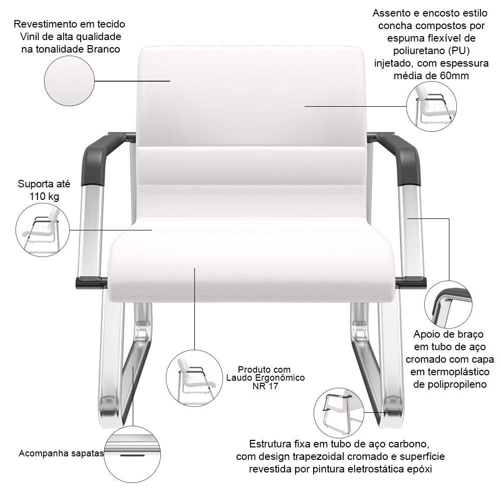 Kit 02 Cadeiras de Escritório Recepção Fixa Pés Cromado Lev P03 Vinil Branco - Lyam Decor