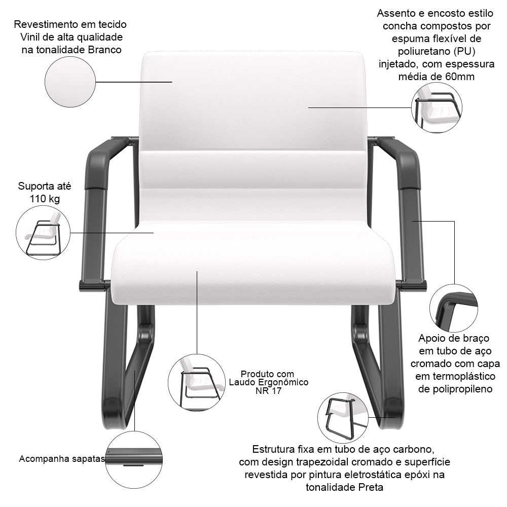 Kit 02 Cadeiras de Escritório Recepção Fixa Pés Preto Lev P03 Vinil Branco - Lyam Decor