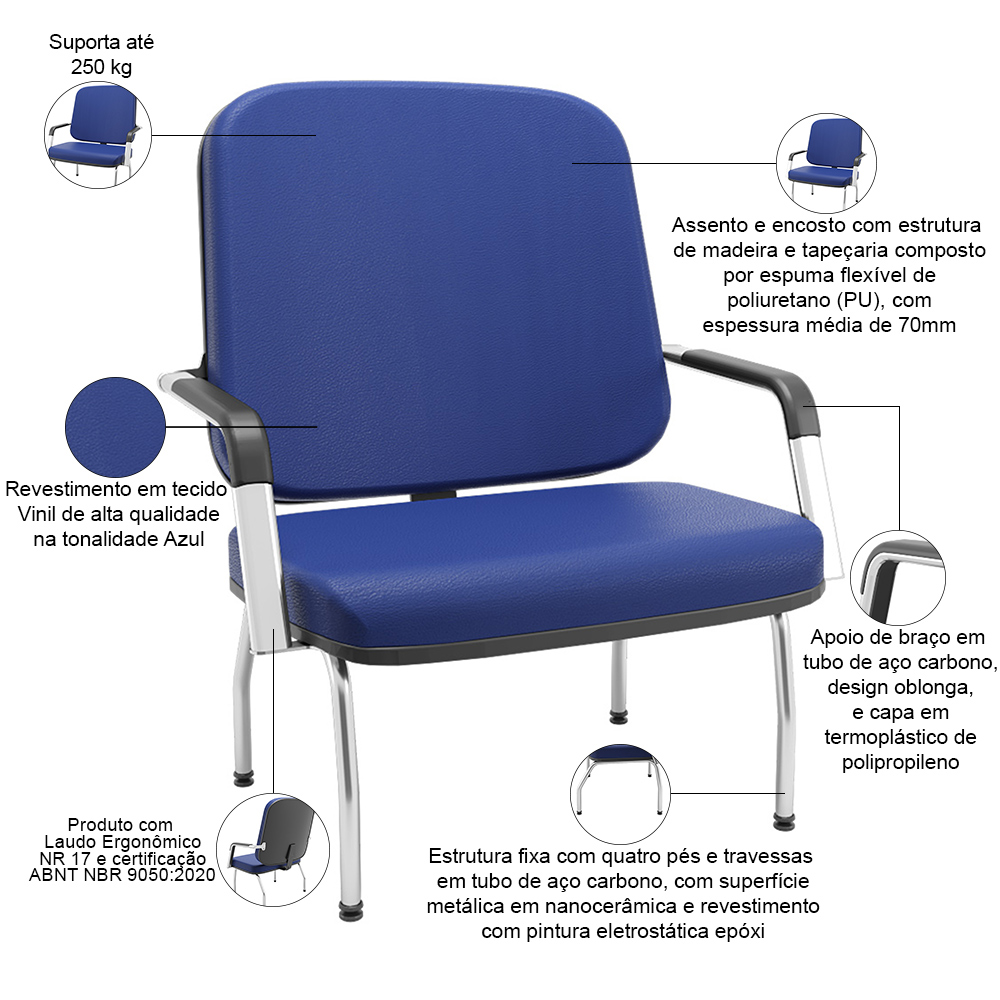 Kit 02 Cadeiras de Escritório Recepção com Braço Fixa Cromada Magno P03 Vinil Azul - Lyam Decor