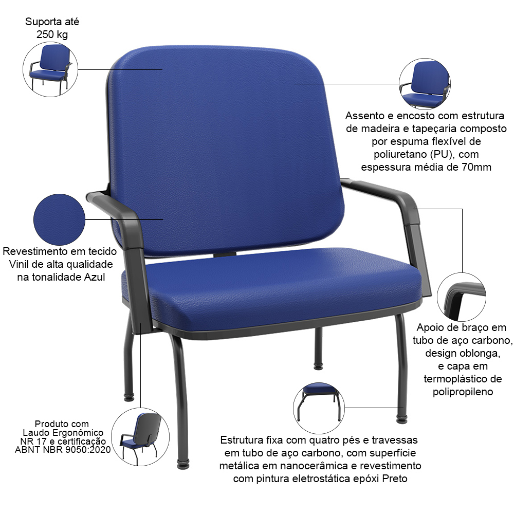 Kit 02 Cadeiras de Escritório Recepção com Braço Fixa Preta Magno P03 Vinil Azul - Lyam Decor