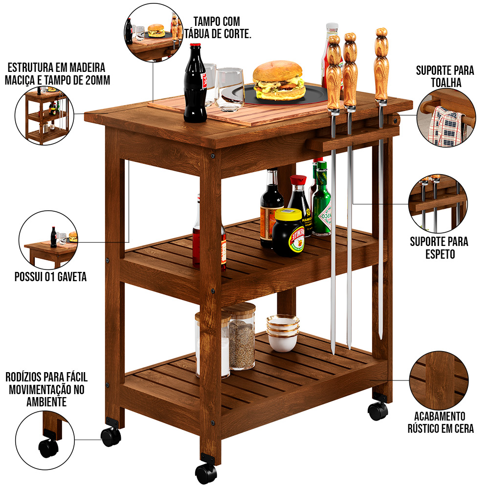Kit 02 Carrinho De Churrasco Grade Mesa Tábua De Cortes Home W02 Madeira Maciça Imbuia - Lyam Decor