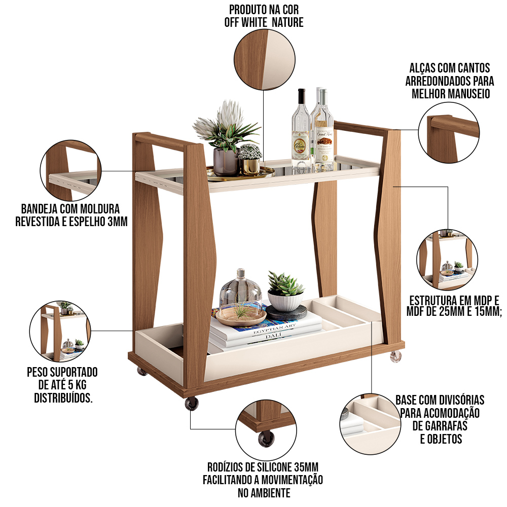 Kit 02 Carrinhos Decorativos Bar Café Multiuso B01 Belga Off White Nature - Lyam Decor