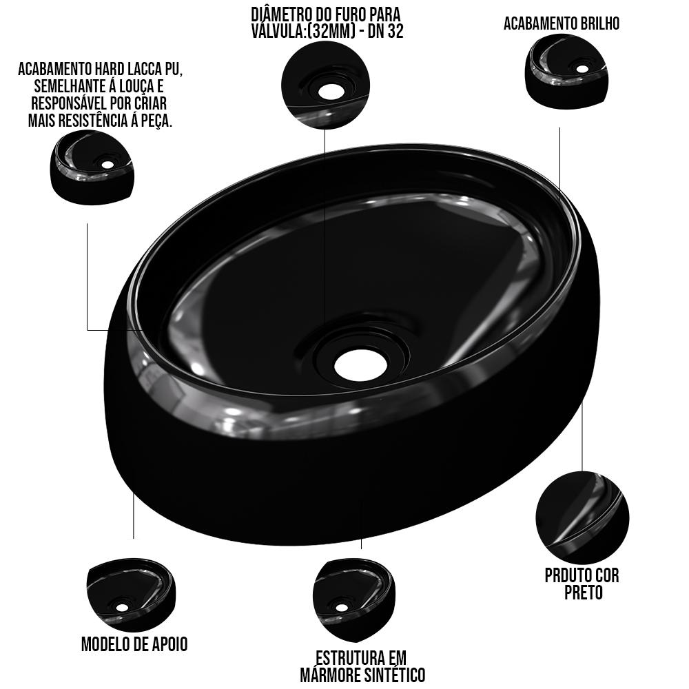 Kit 02 Cubas de Apoio Oval Para Banheiro Lavabo C01 Capri O39 Preto - Lyam Decor
