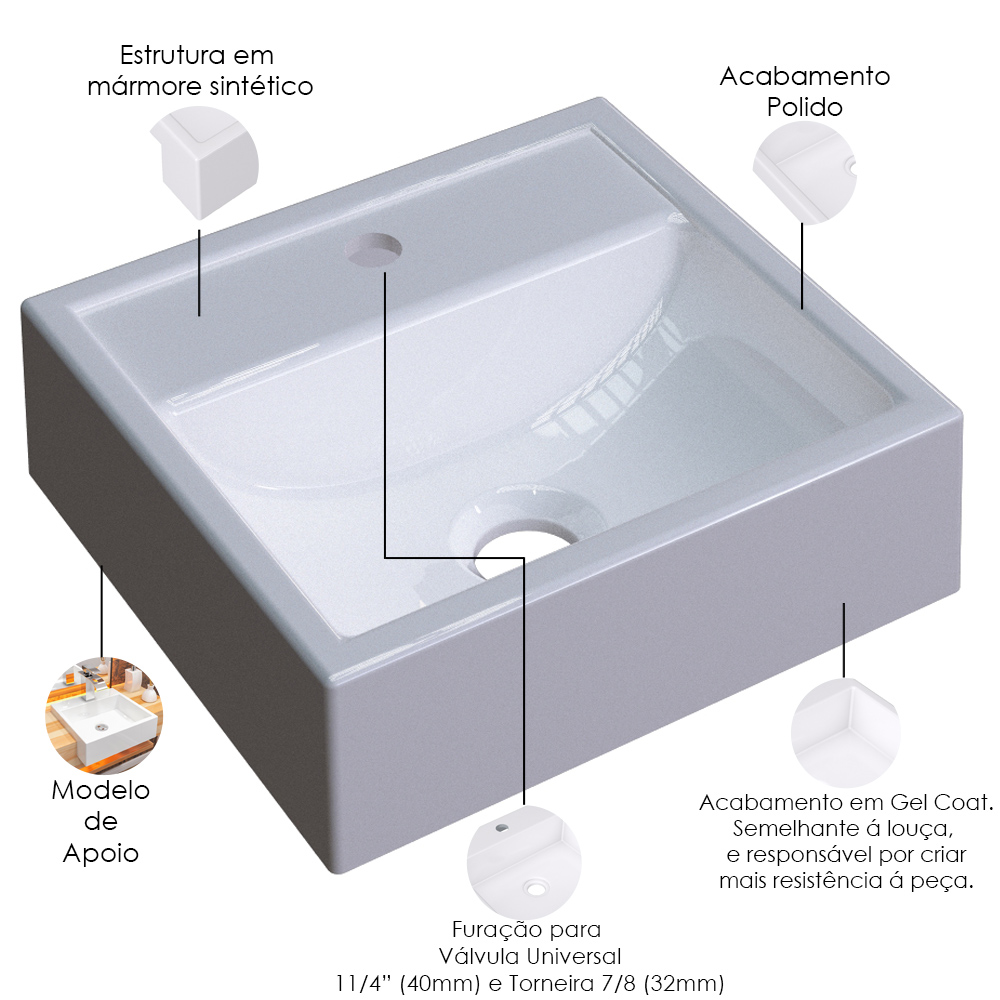 Kit 02 Cubas de Apoio Quadrada C01 Para Banheiro Lavabo Q32W Branco - Lyam Decor