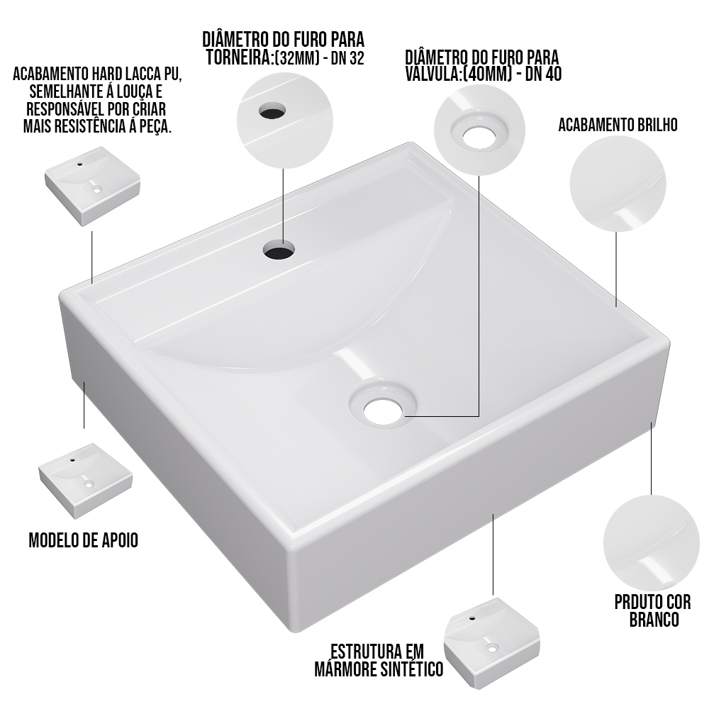 Kit 02 Cubas de Apoio Quadrada Para Banheiro Lavabo C01 Q39W Branco - Lyam Decor