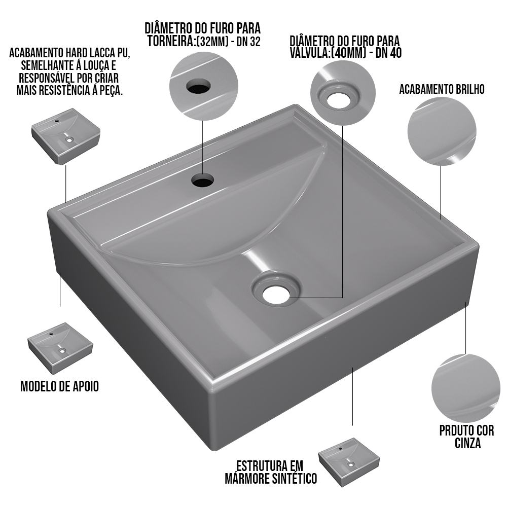 Kit 02 Cubas de Apoio Quadrada Para Banheiro Lavabo C01 Q39W Cinza - Lyam Decor