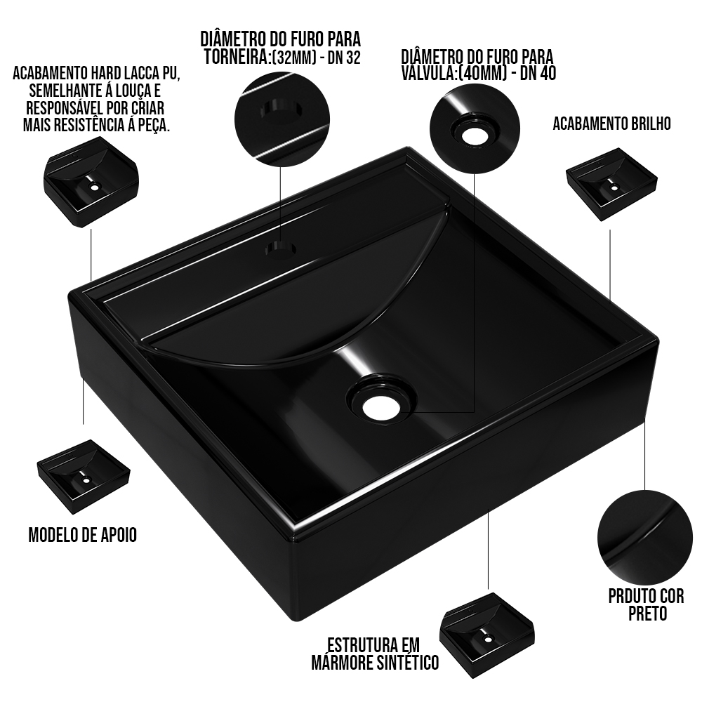 Kit 02 Cubas de Apoio Quadrada Para Banheiro Lavabo C01 Q39W Preto - Lyam Decor