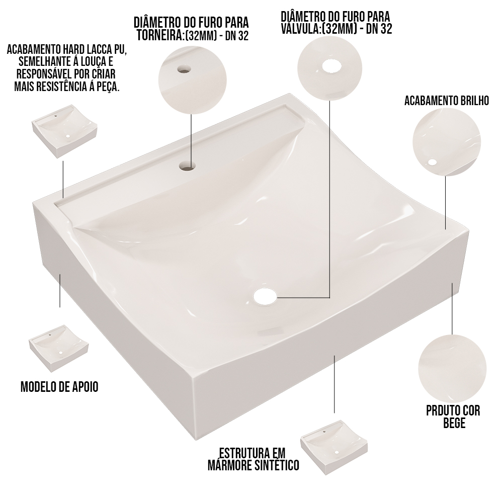 Kit 02 Cubas de Apoio Quadrada Para Banheiro Lavabo C01 Q440 Bege - Lyam Decor