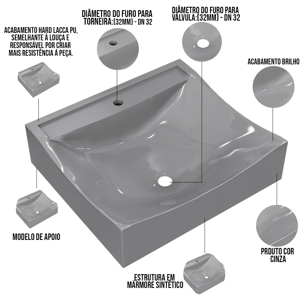 Kit 02 Cubas de Apoio Quadrada Para Banheiro Lavabo C01 Q440 Cinza - Lyam Decor