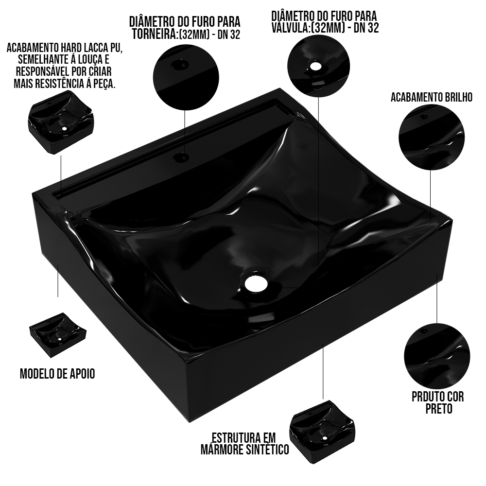 Kit 02 Cubas de Apoio Quadrada Para Banheiro Lavabo C01 Q440 Preto - Lyam Decor