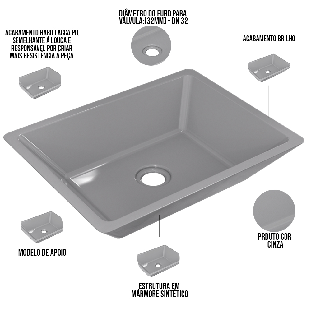 Kit 02 Cubas de Apoio Retangular Para Banheiro Lavabo C01 RT45 Cinza - Lyam Decor