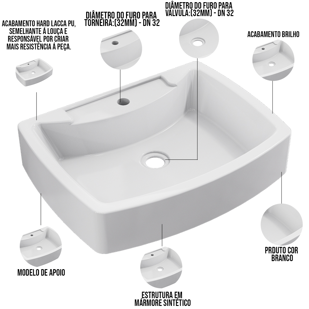 Kit 02 Cubas de Apoio Retangular Para Banheiro Lavabo C01 RT50 Branco - Lyam Decor