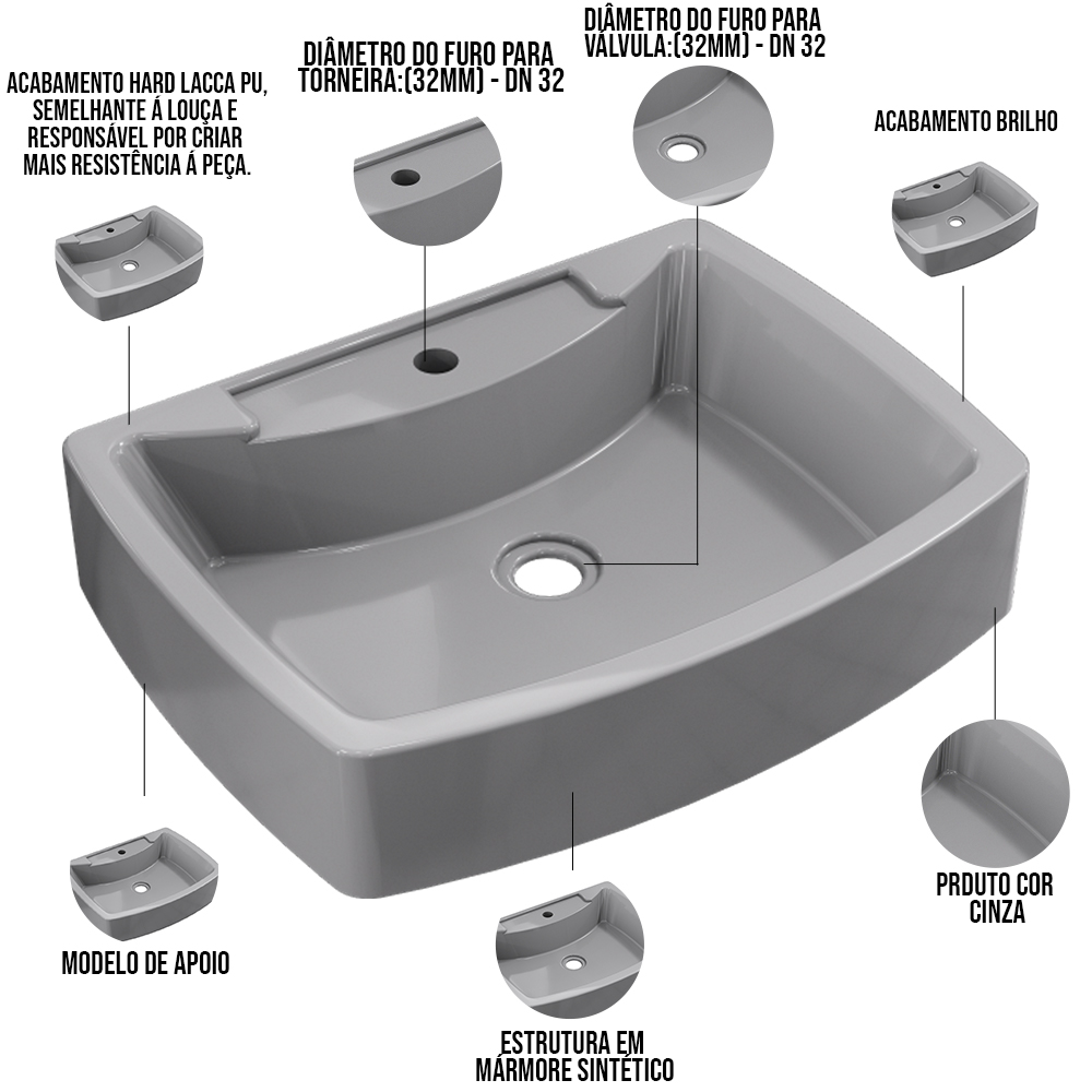 Kit 02 Cubas de Apoio Retangular Para Banheiro Lavabo C01 RT50 Cinza - Lyam Decor