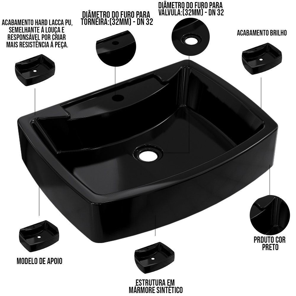 Kit 02 Cubas de Apoio Retangular Para Banheiro Lavabo C01 RT50 Preto - Lyam Decor