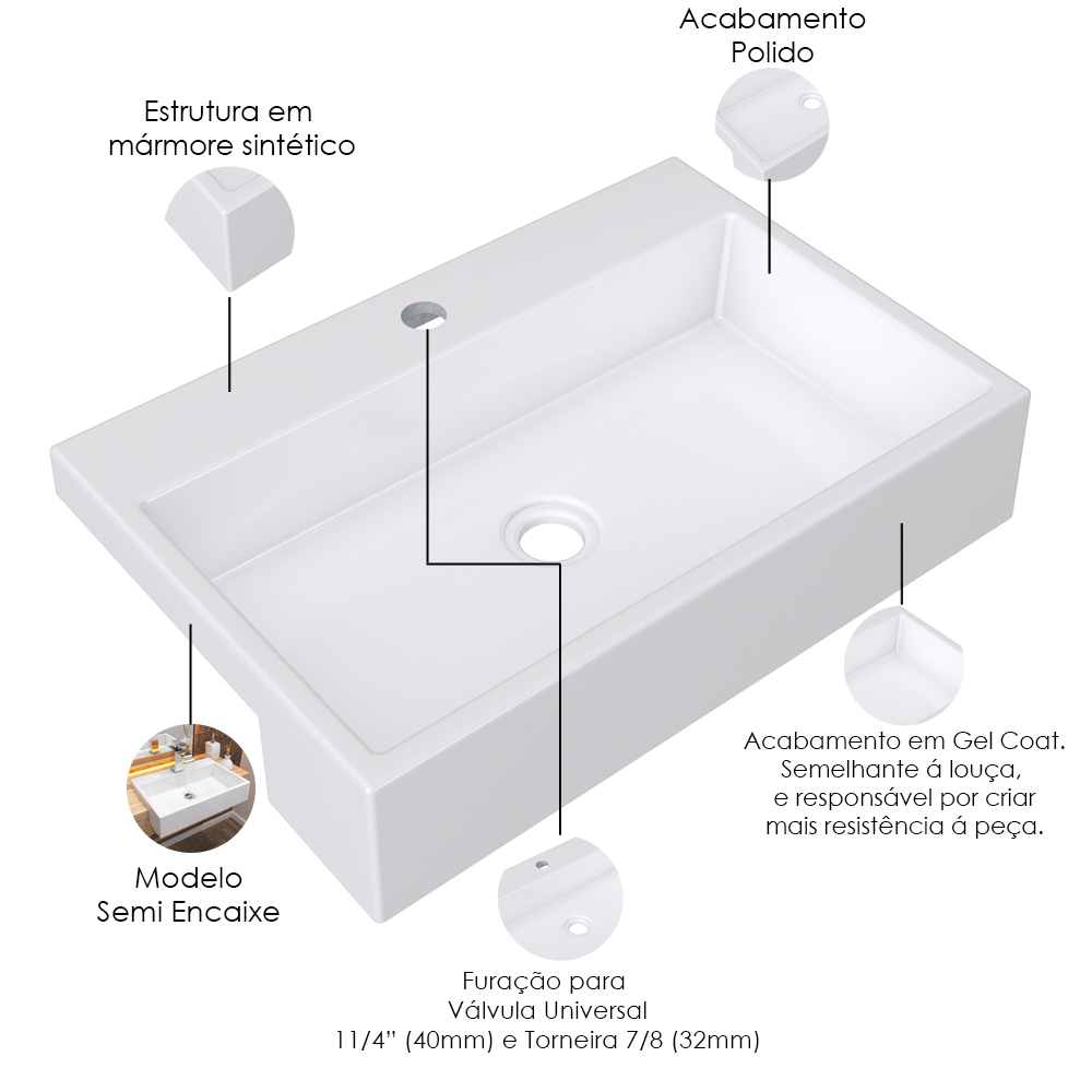 Kit 02 Cubas de Semi Encaixe Retangular Para Banheiro Lavabo XRT55 C01 Branco - Lyam Decor