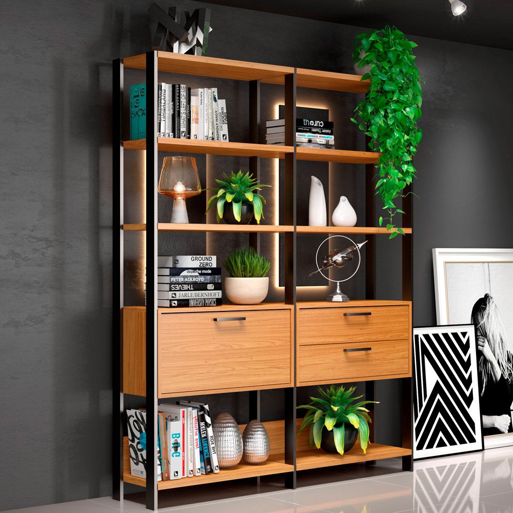 Kit 02 Estantes 5 Prateleiras 02 Gavetas 01 Porta Trend D03 185x73 cm Freijó Preto Fosco - Lyam Decor