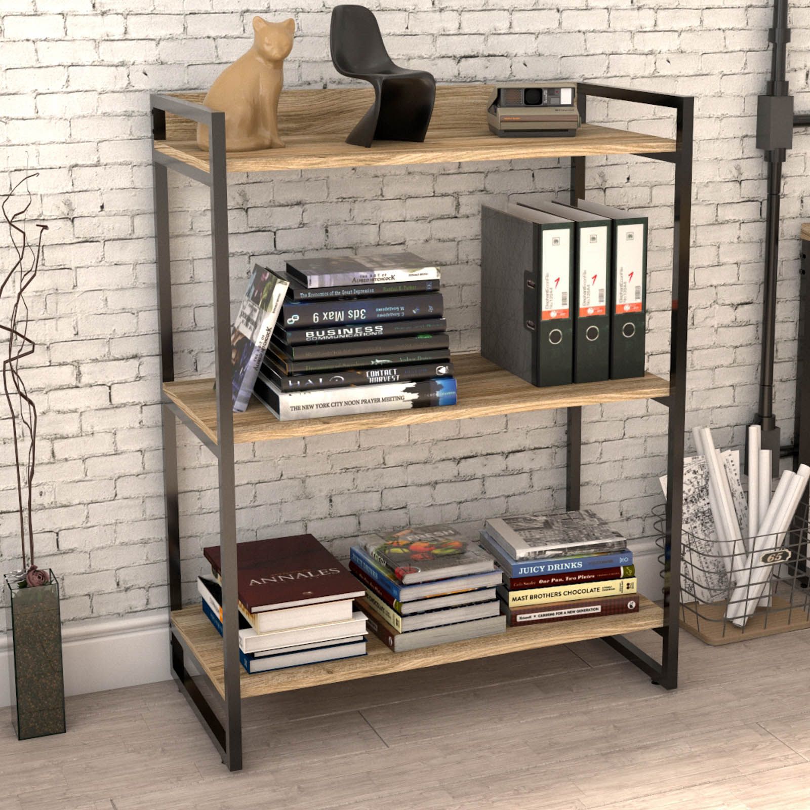 Kit 02 Estantes com 3 Prateleiras Escritório Estilo Industrial Form C01 104x80 cm Carvalho - Lyam Decor