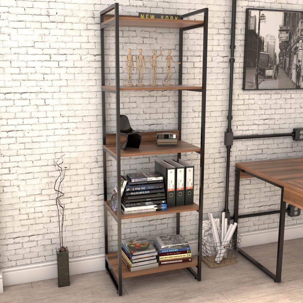 Kit 02 Estantes com 5 Prateleiras Escritório Estilo Industrial Form C01 187x60 cm Nogal - Lyam Decor