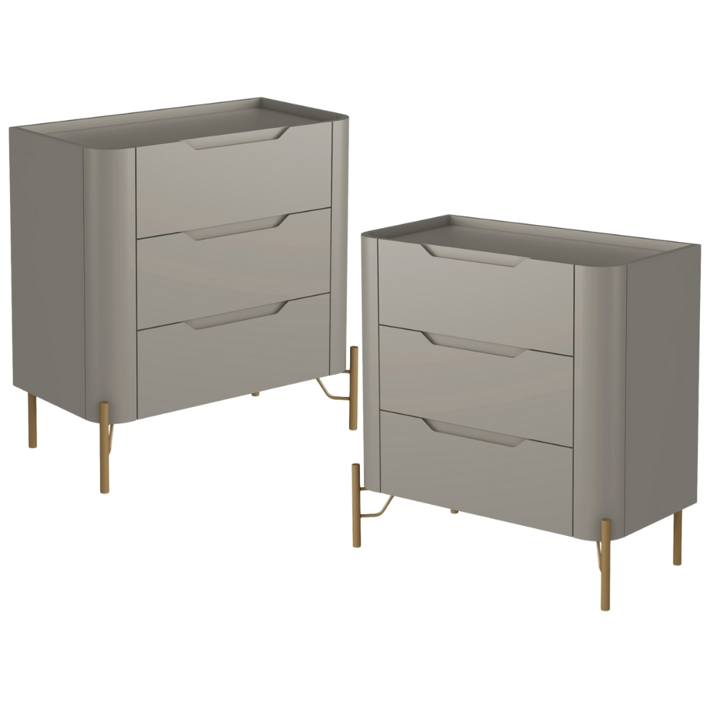 Kit 02 Mesas De Cabeceira Orgânica 3 Gavetas Pés Industrial Dourado Bliss I03 Grigio - Lyam Decor