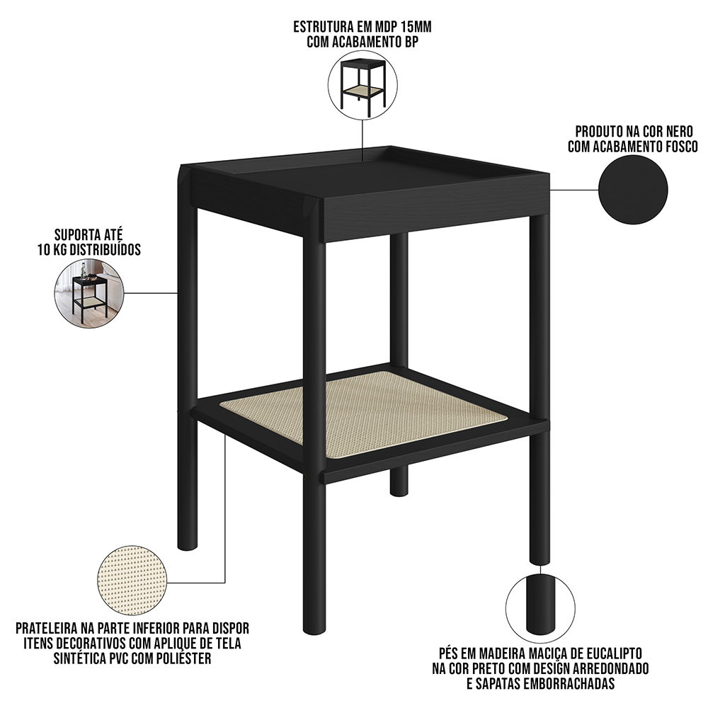 Kit 02 Mesas Lateral Para Sala de Estar Pés Madeira Moss A03 Nero Preto - Lyam Decor