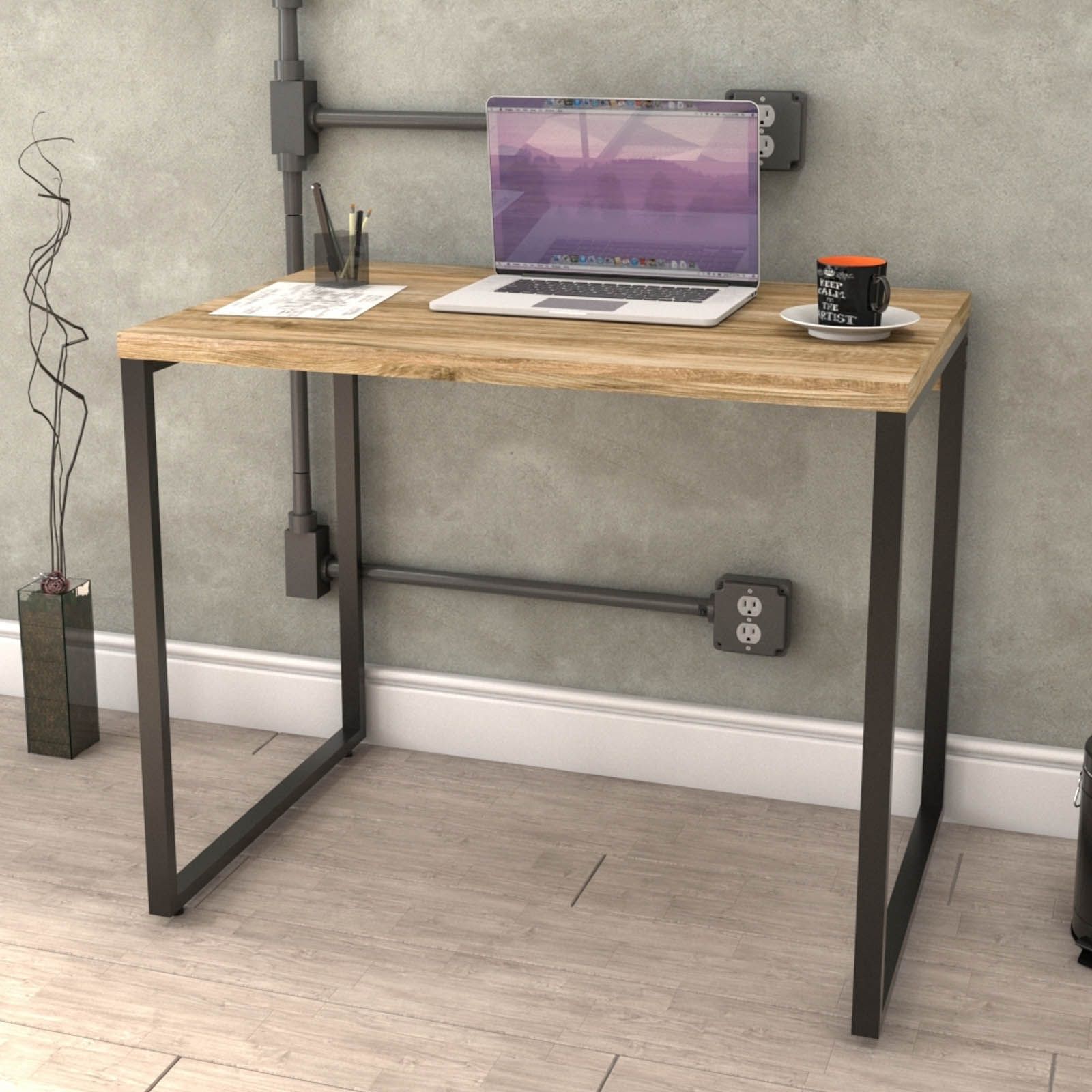 Kit 02 Mesas Para Escritório Home Office Estilo Industrial Form C01 90 cm Carvalho - Lyam Decor