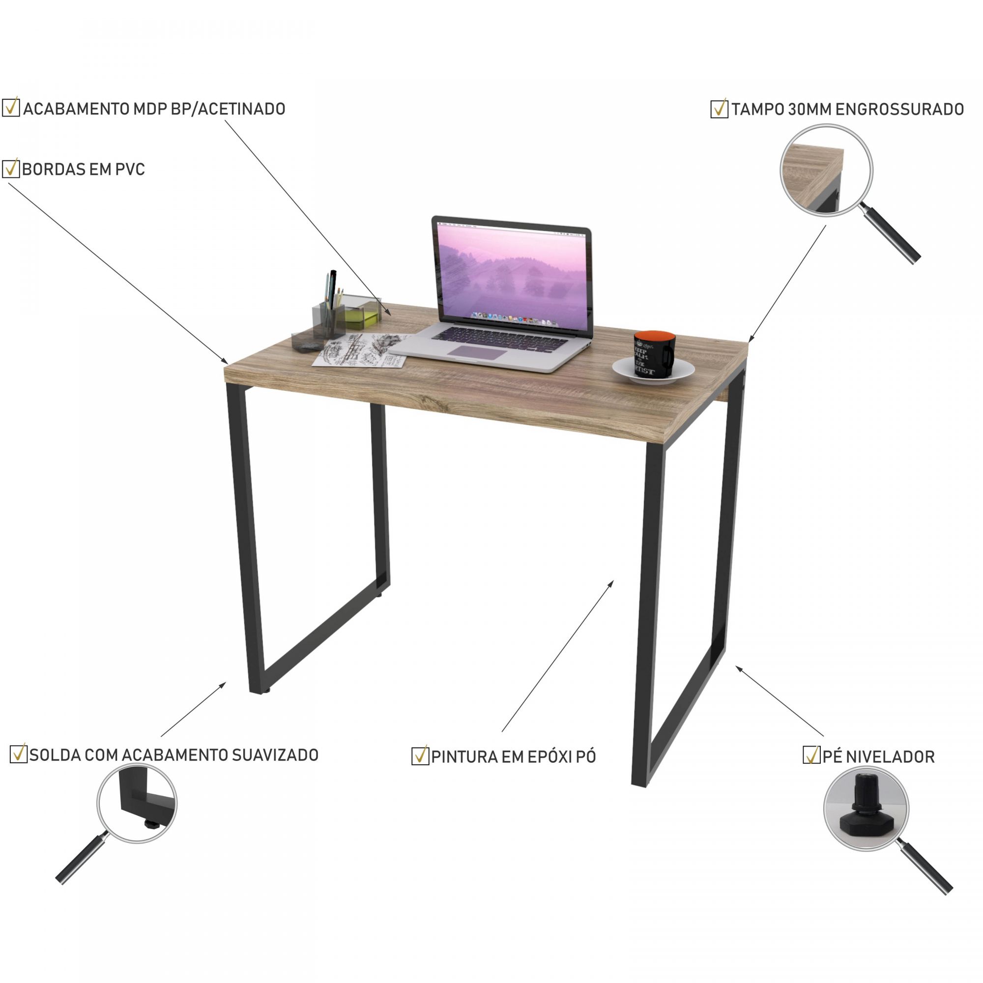 Kit 02 Mesas Para Escritório Home Office Estilo Industrial Form C01 90 cm Carvalho - Lyam Decor