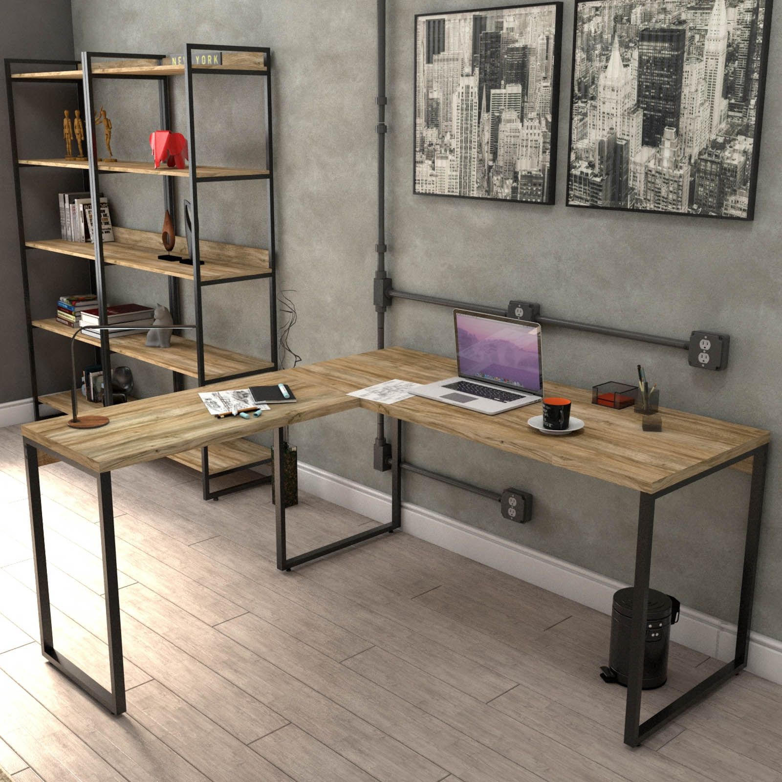 Kit 02 Mesas Para Escritório Home Office Estilo Industrial em L Form C01 150x150cm Carvalho - Lyam Decor