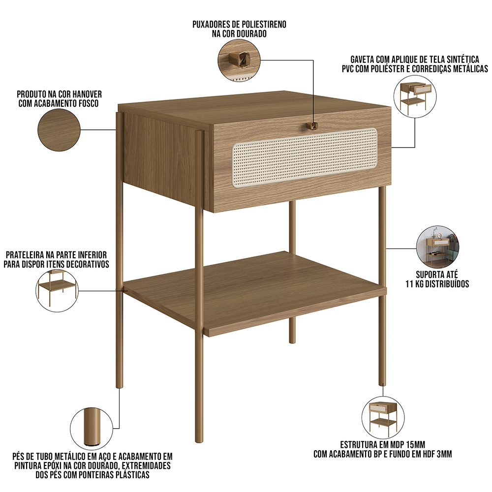 Kit 02 Mesas de Cabeceira 01 Gaveta com Telinha Industrial Indy A03 Hanover Dourado - Lyam Decor