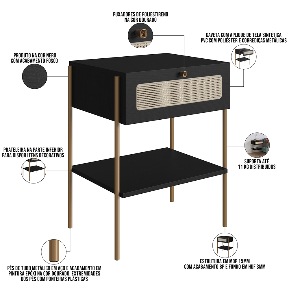 Kit 02 Mesas de Cabeceira 01 Gaveta com Telinha Industrial Indy A03 Nero Dourado - Lyam Decor