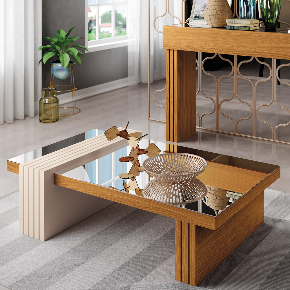 Kit 02 Mesas de Centro Espelhada Sala de Estar Lord B01 Cinamomo Off White - Lyam Decor