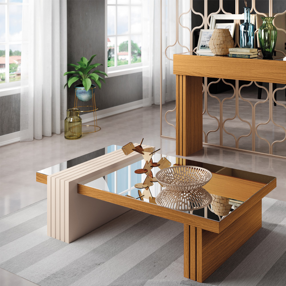 Kit 02 Mesas de Centro Espelhada Sala de Estar Lord B01 Cinamomo Off White - Lyam Decor