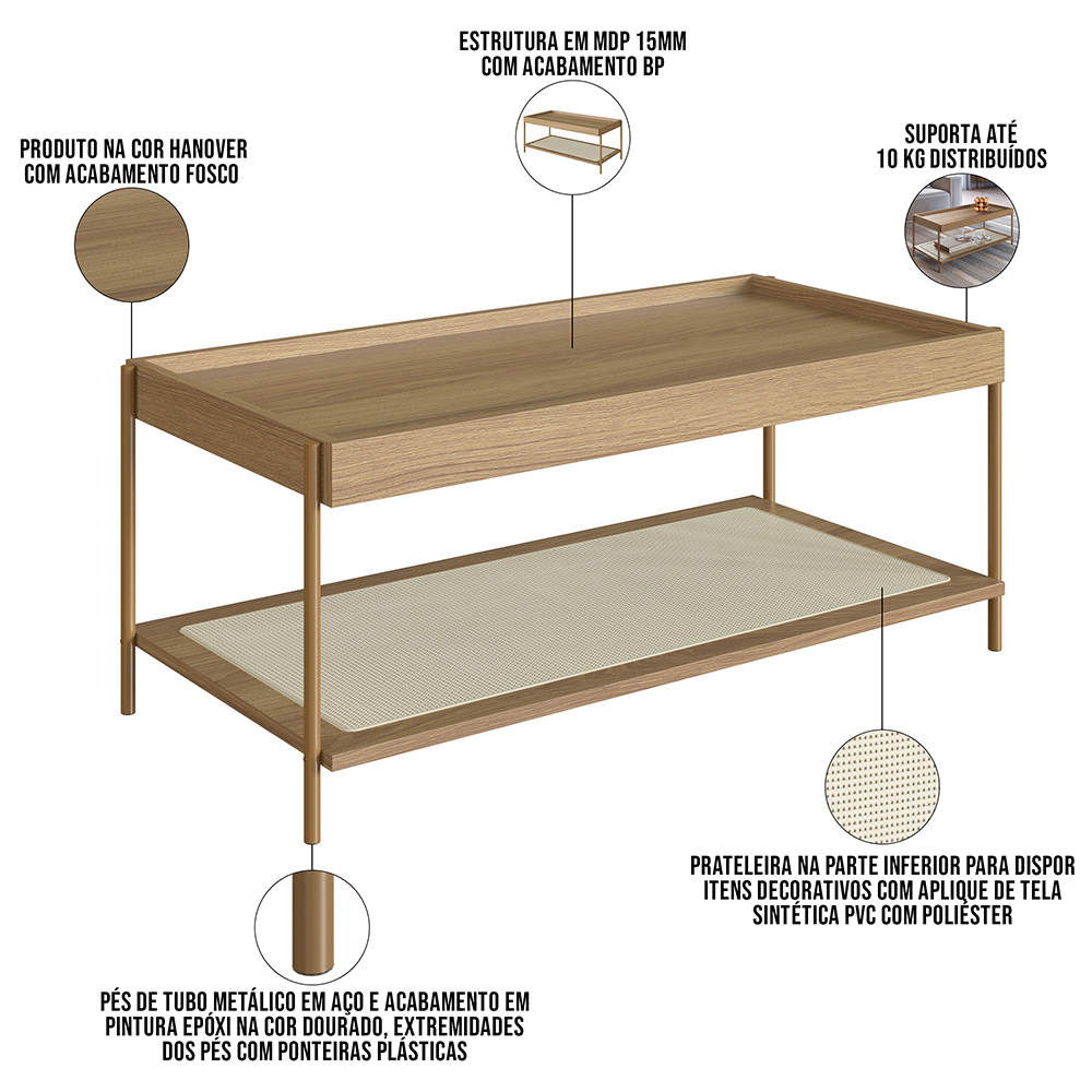 Kit 02 Mesas de Centro Para Sala de Estar Industrial Indy A03 Hanover Dourado - Lyam Decor