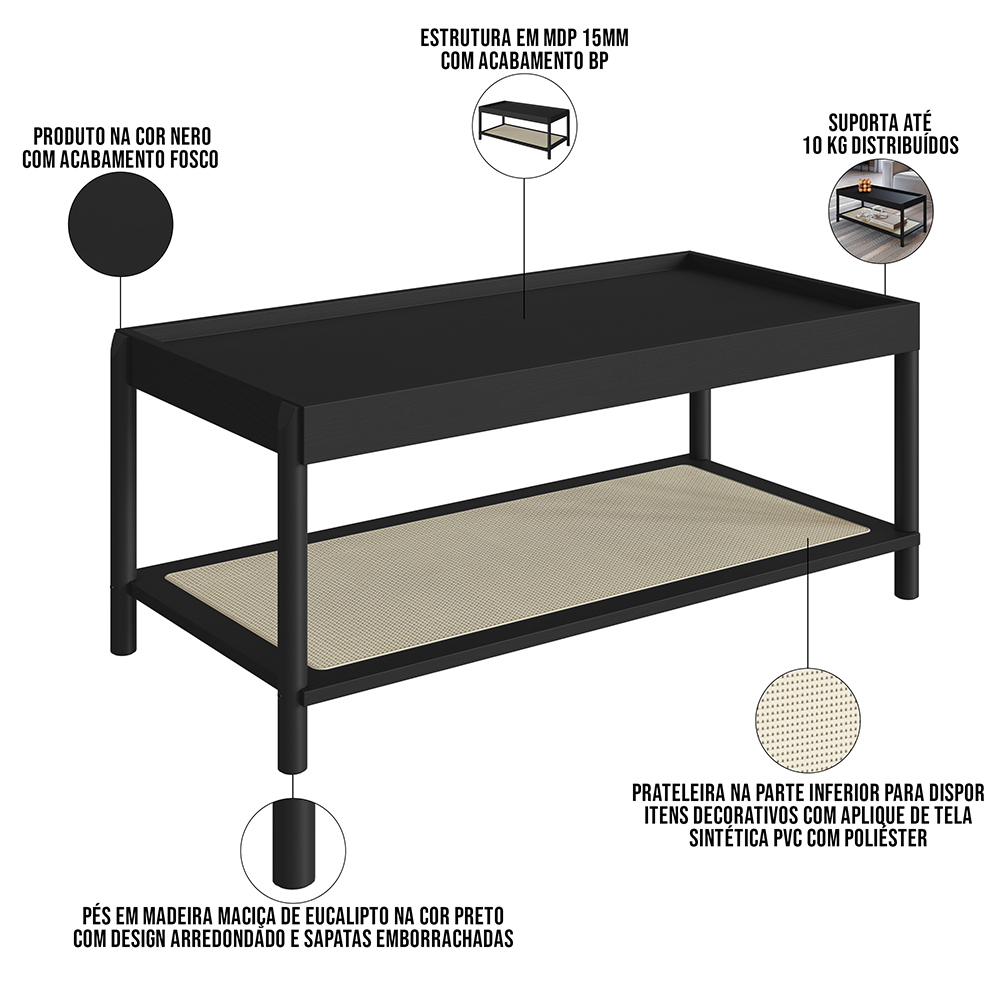 Kit 02 Mesas de Centro Para Sala de Estar Pés Madeira Moss A03 Nero Preto - Lyam Decor