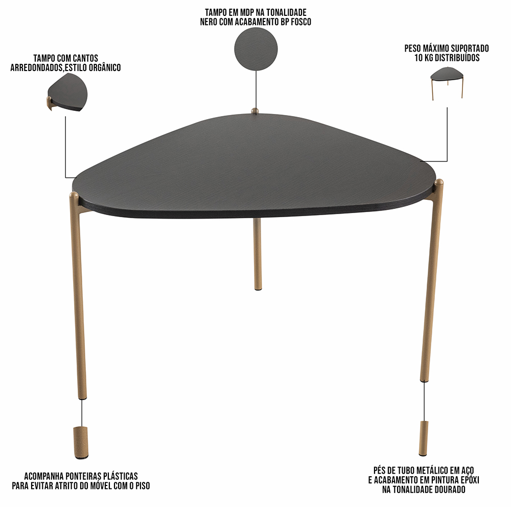Kit 02 Mesas de Centro Para Sala de Estar Pés Metálicos Adek A03 Nero Dourado - Lyam Decor
