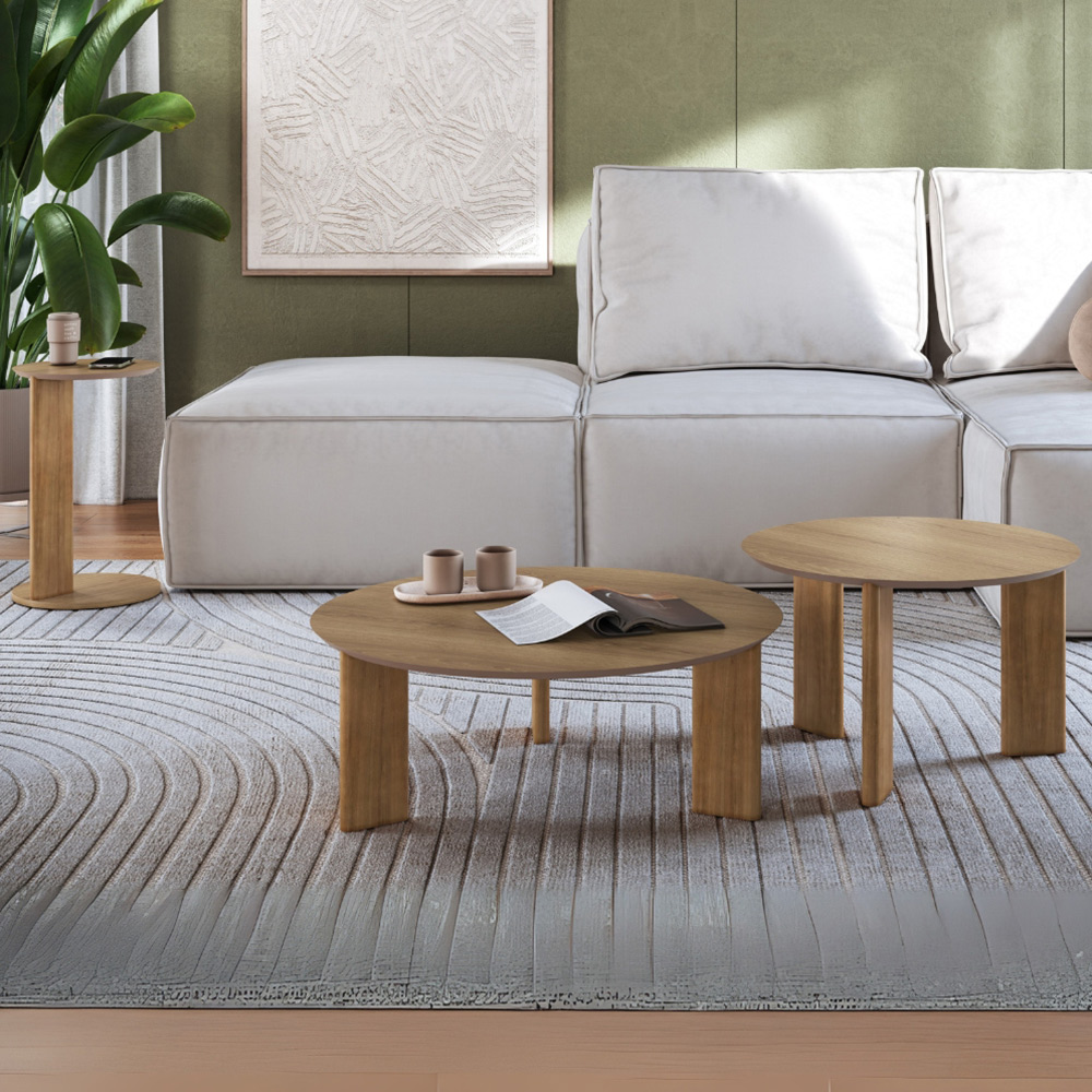 Kit 02 Mesas de Centro e 01 Mesa Lateral Pés Madeira Bulat A03 Hanover Roble - Lyam Decor
