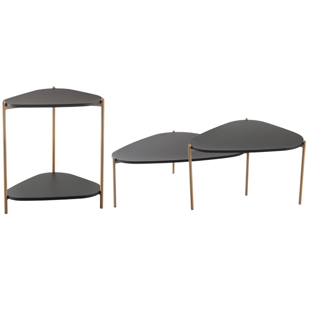 Kit 02 Mesas de Centro e 01 Mesa Lateral Pés Metálicos Adek A03 Nero Dourado - Lyam Decor