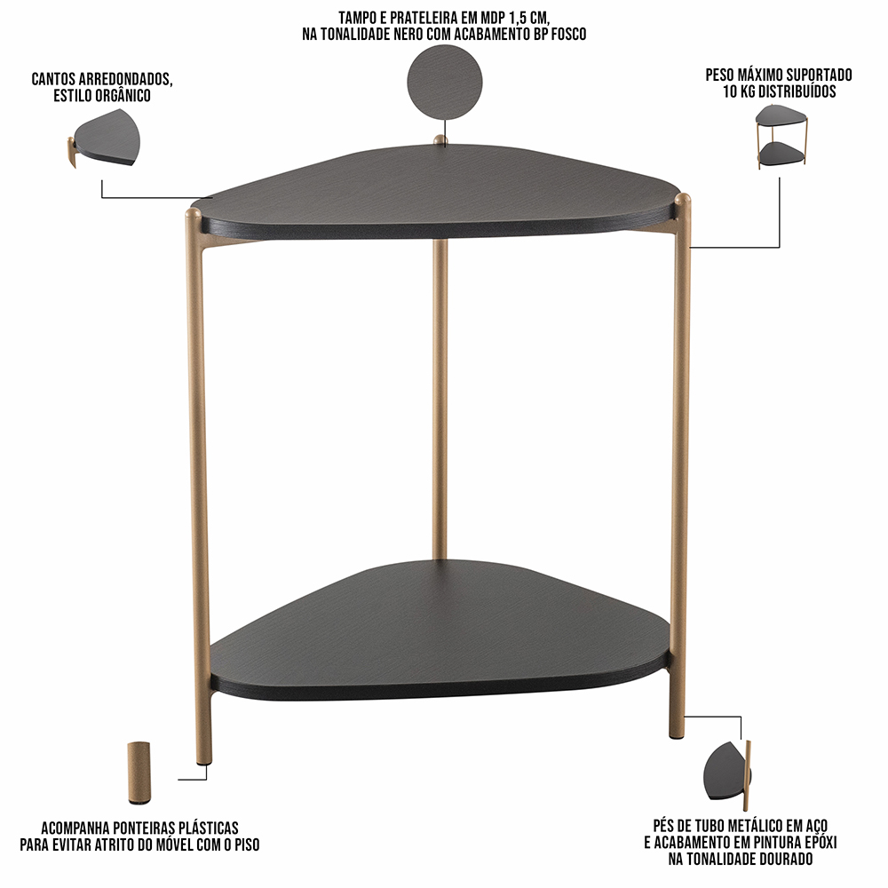 Kit 02 Mesas de Centro e 01 Mesa Lateral Pés Metálicos Adek A03 Nero Dourado - Lyam Decor