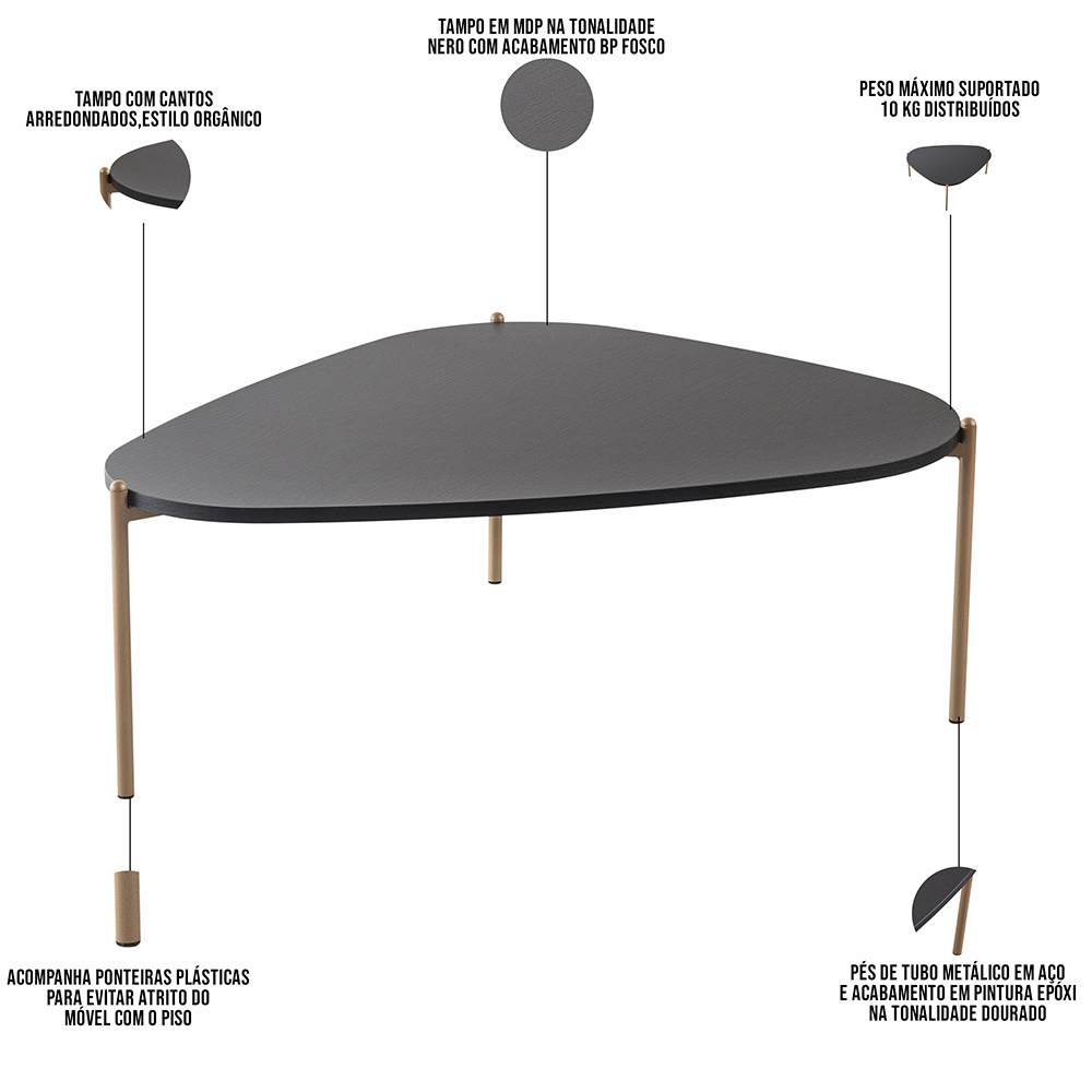 Kit 02 Mesas de Centro e 01 Mesa Lateral Pés Metálicos Adek A03 Nero Dourado - Lyam Decor