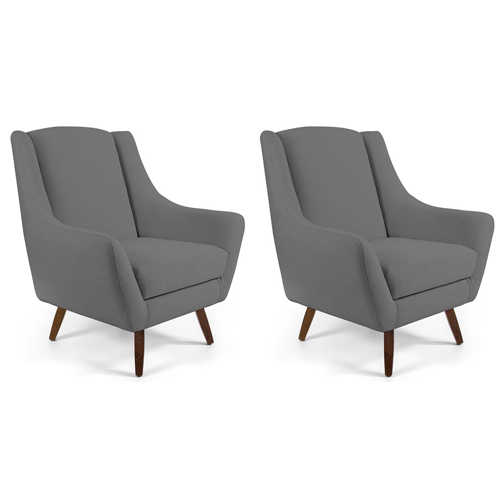 Kit 02 Poltrona Decorativa Fixa Pés de Madeira Juliet D02 Linho Cinza C-416 - Lyam Decor