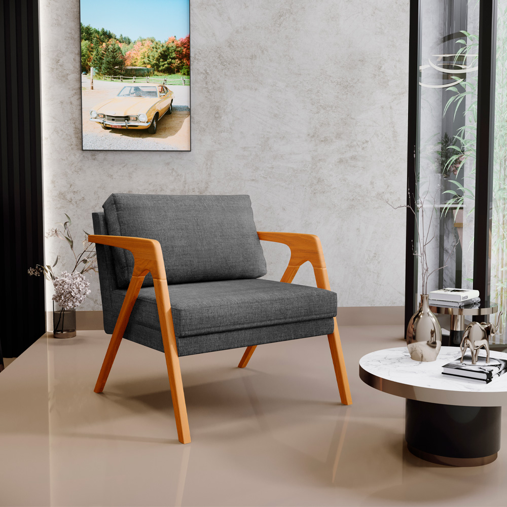 Kit 02 Poltrona Decorativa Para Sala Pietra Estrutura De Madeira L02 Linho Cinza Escuro - Lyam Decor