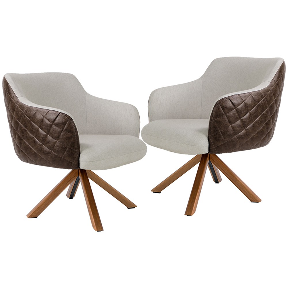 Kit 02 Poltronas Base Giratória Madeira Jade D02 Linho Bege C-107 Tressê Corano Marrom - Lyam Decor