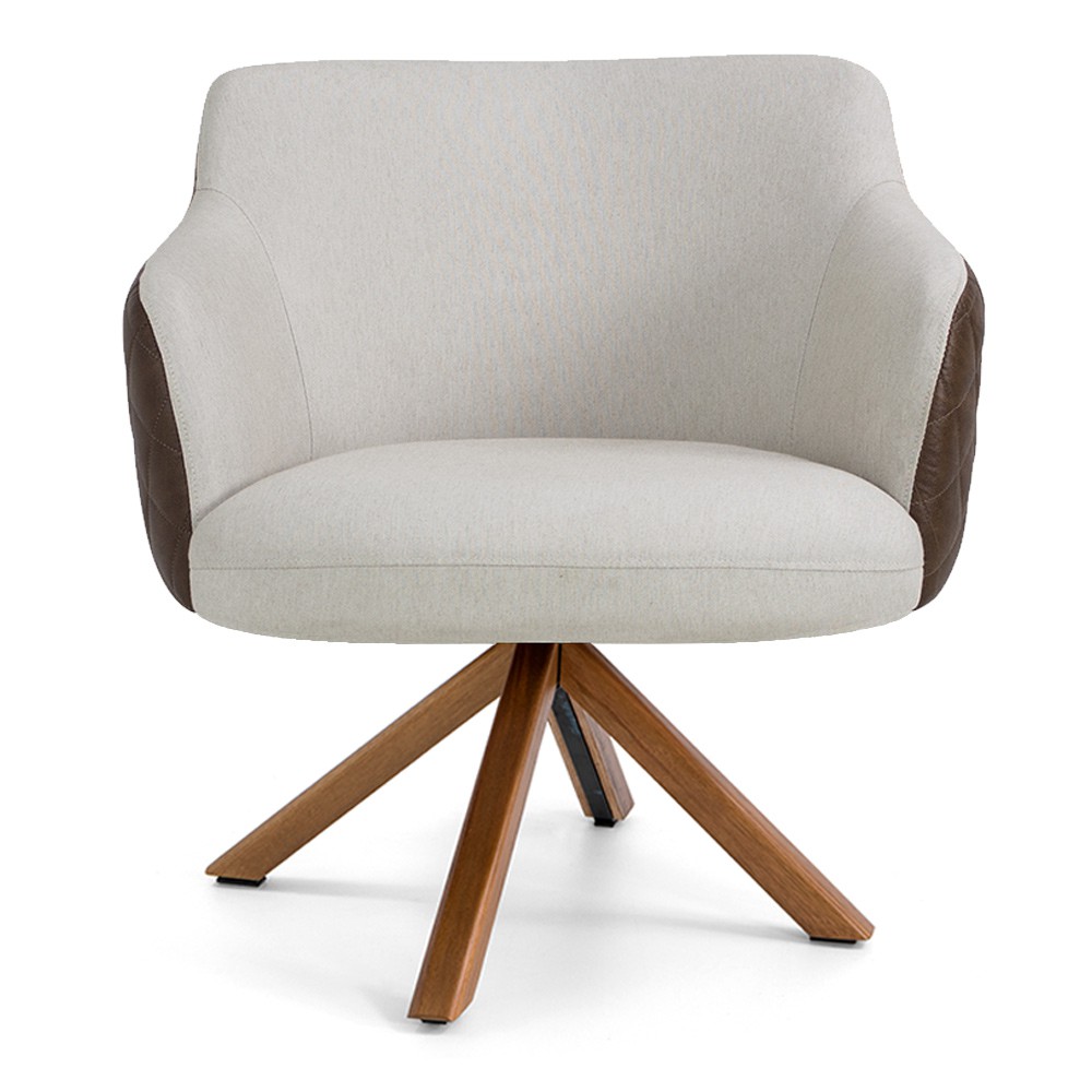 Kit 02 Poltronas Base Giratória Madeira Jade D02 Linho Bege C-107 Tressê Corano Marrom - Lyam Decor