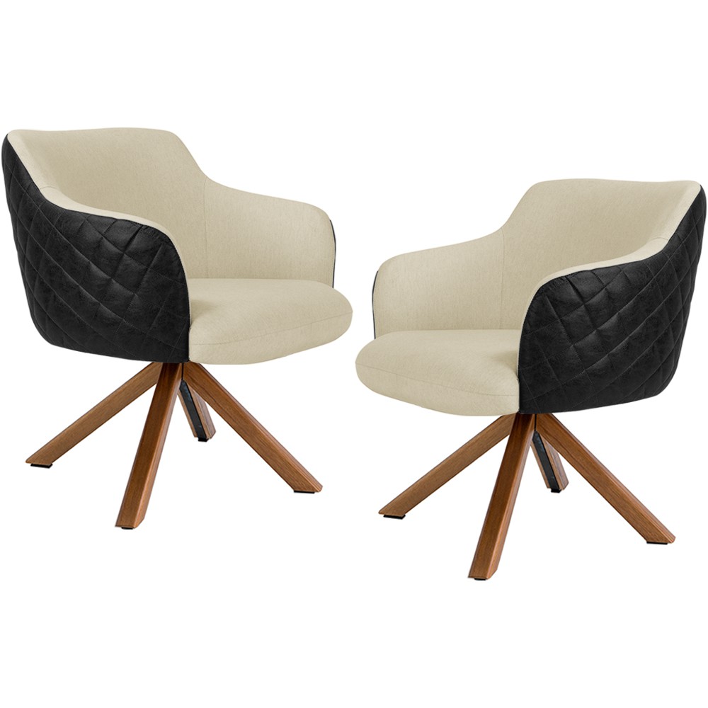 Kit 02 Poltronas Base Giratória Madeira Jade D02 Linho Bege C-129 Tressê Corano Preto - Lyam Decor