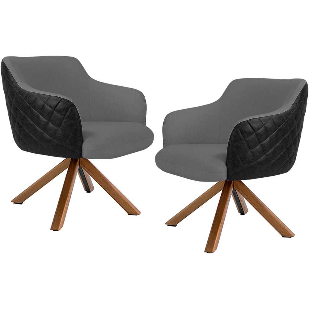 Kit 02 Poltronas Base Giratória Madeira Jade D02 Linho Cinza C-416 Tressê Corano Preto - Lyam Decor