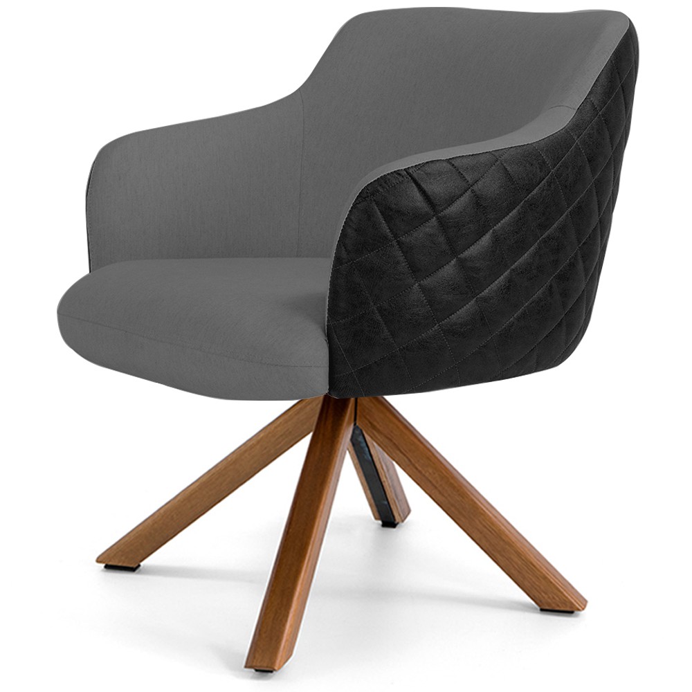 Kit 02 Poltronas Base Giratória Madeira Jade D02 Linho Cinza C-416 Tressê Corano Preto - Lyam Decor