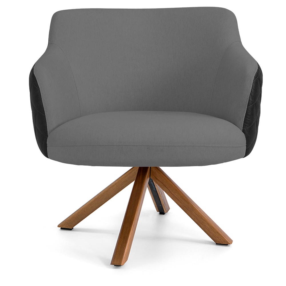 Kit 02 Poltronas Base Giratória Madeira Jade D02 Linho Cinza C-416 Tressê Corano Preto - Lyam Decor