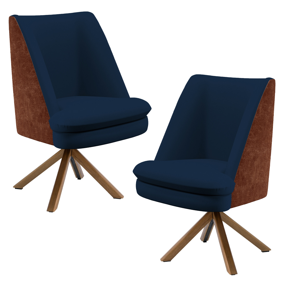 Kit 02 Poltronas Base Giratória Pérsia D02 Veludo Azul Marinho C-304 Corano Marrom B-38 - Lyam Decor